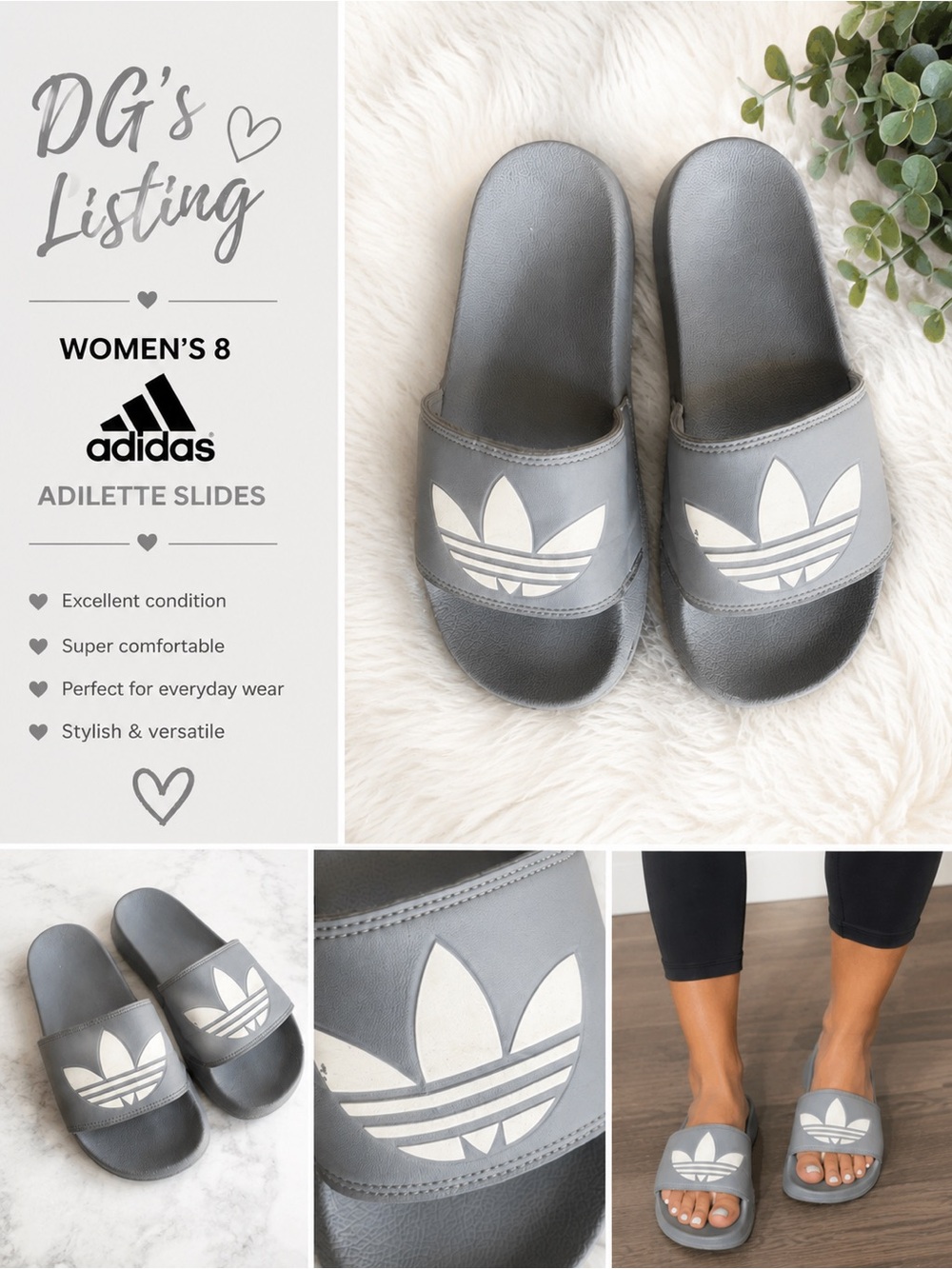 adidas Women's Adilette Slide Sandals - Gray with White Trefoil